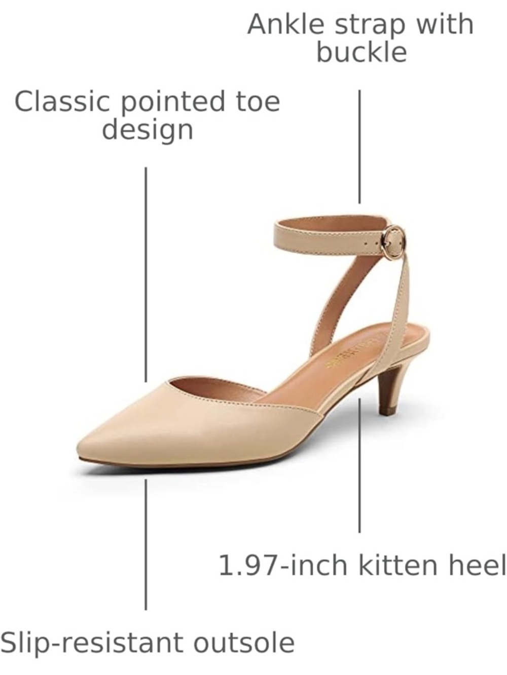 Pointed Toe Ankle-Strap Kitten Heel Pumps in Beige - Picture 2 of 4